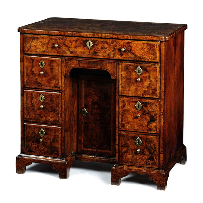 Queen Anne Burr Walnut Feather Banded Kneehole Desk Millington